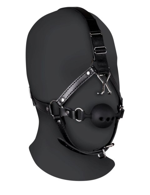 Head Harness with Breathable Ball Gag and Nose Hooks - Black