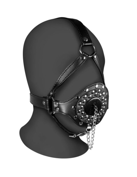 Open Mouth Gag Head Harness with Plug Stopper - Black